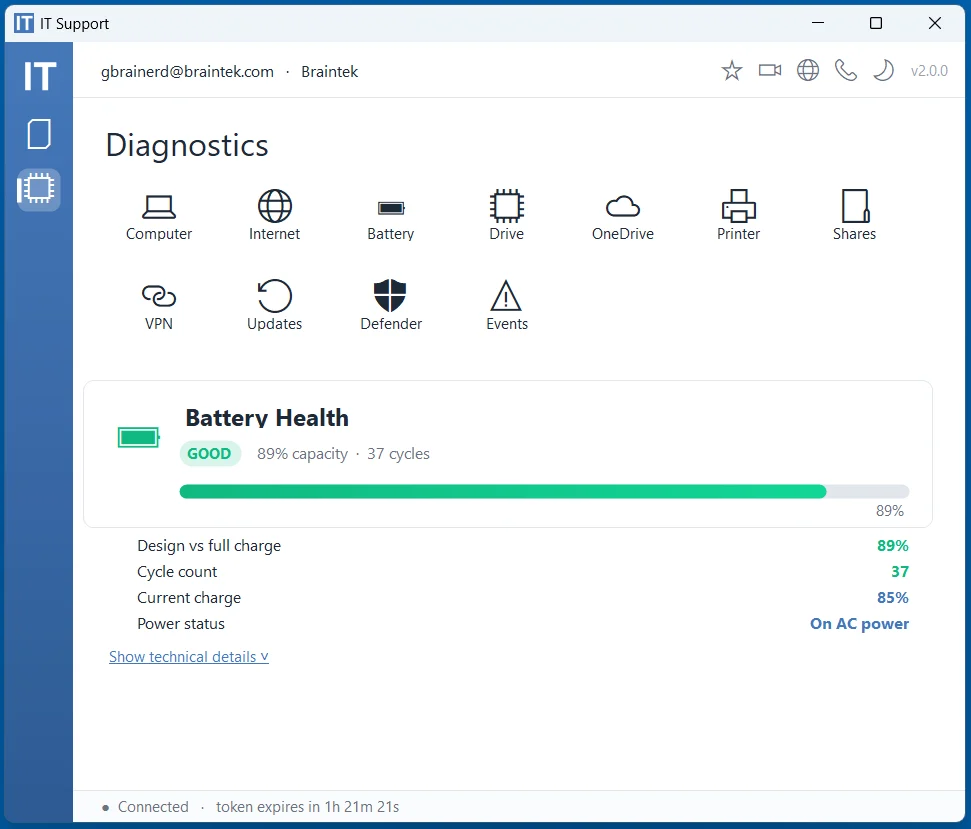 Battery health check in the Braintek IT Support App