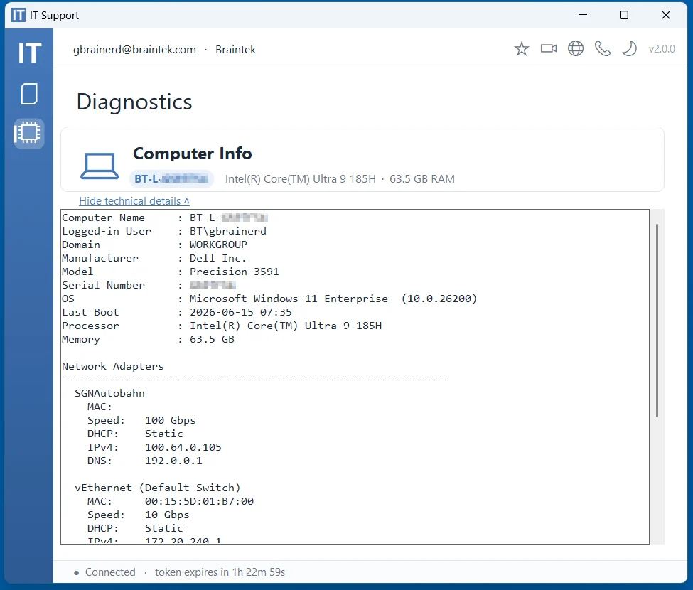 Computer info check in the Braintek IT Support App