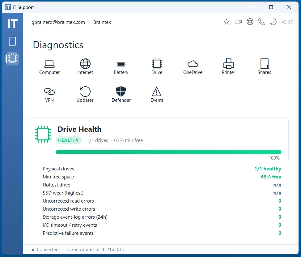 Drive health check in the Braintek IT Support App