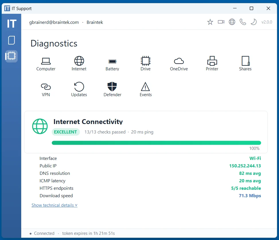 Internet connectivity check in the Braintek IT Support App