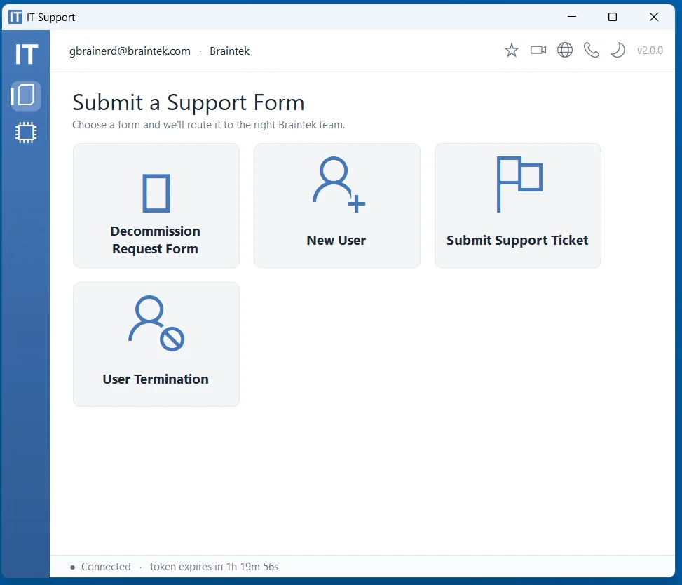 The Braintek IT Support App home screen with support and request forms