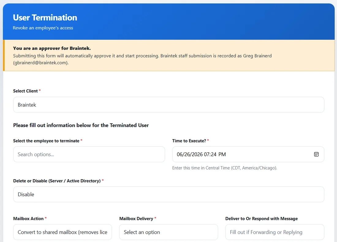 User onboarding and termination forms in the Braintek IT Support App