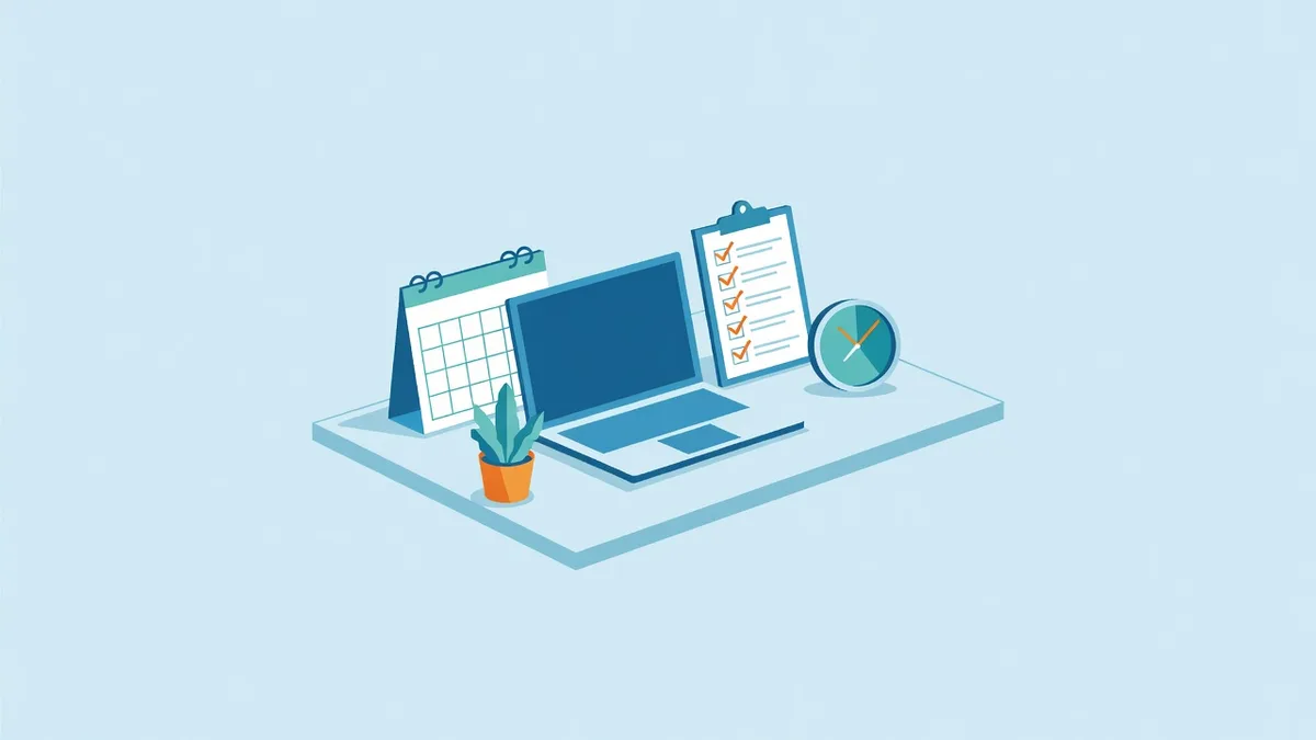 Flat vector illustration of a tidy desk with a calendar, checklist, and clock showing time saved