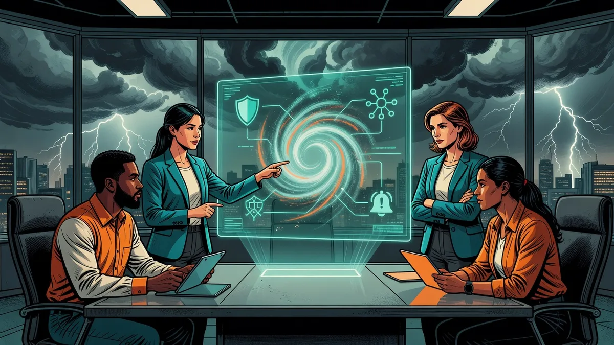 Comic art illustration of an operations team using an AI assistant while a storm approaches the city skyline