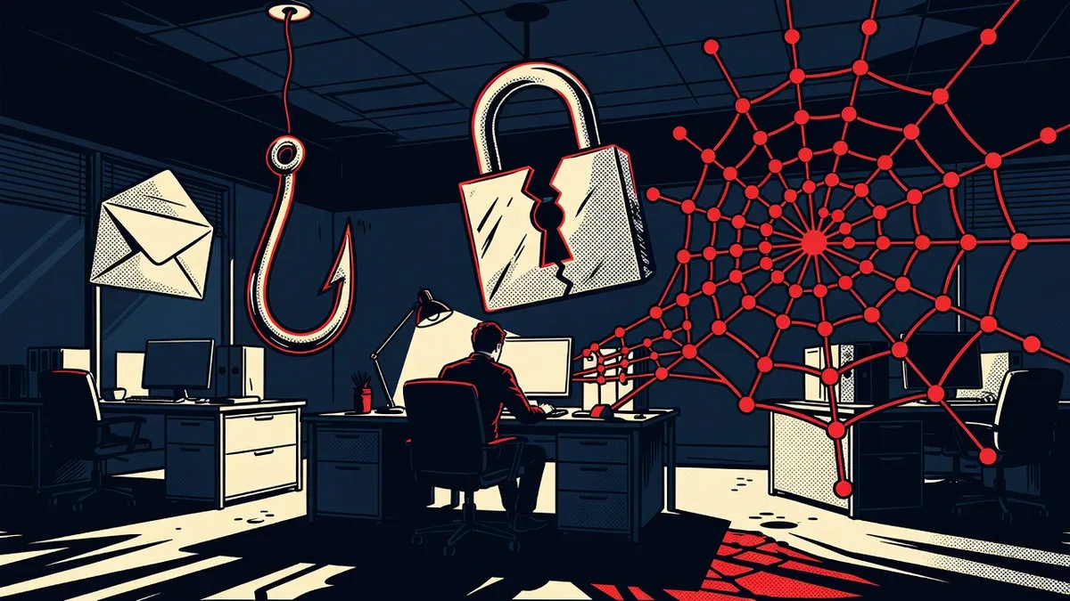 Illustration of AI security risks facing a Houston small business network