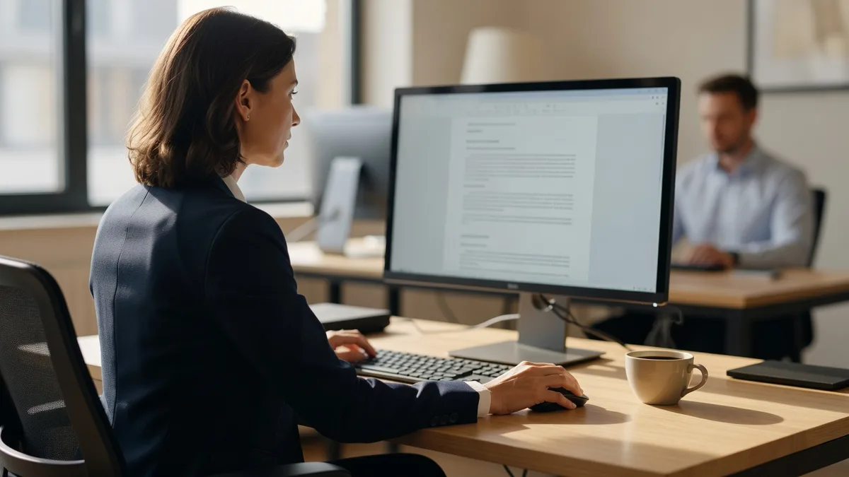 A small business office manager reviewing an AI-drafted document at her desk