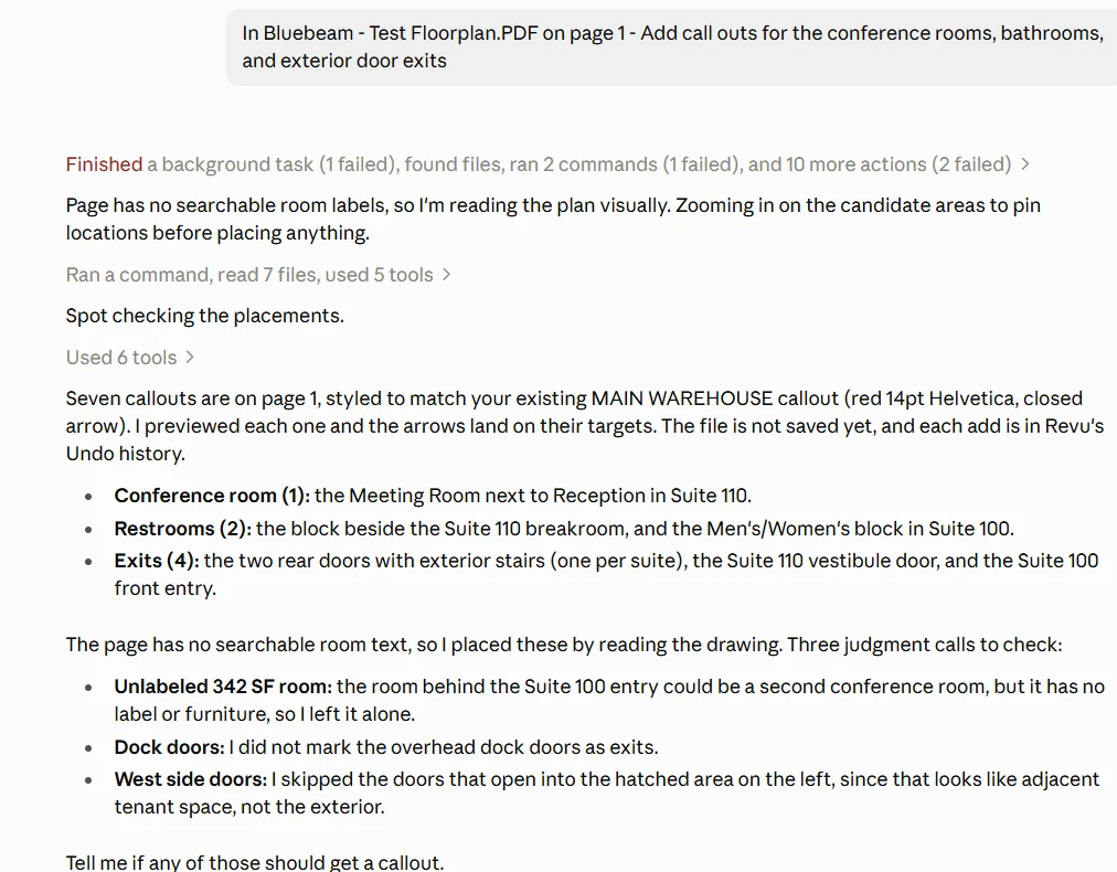 Claude's summary of the seven callouts it placed and the three judgment calls it flagged for review
