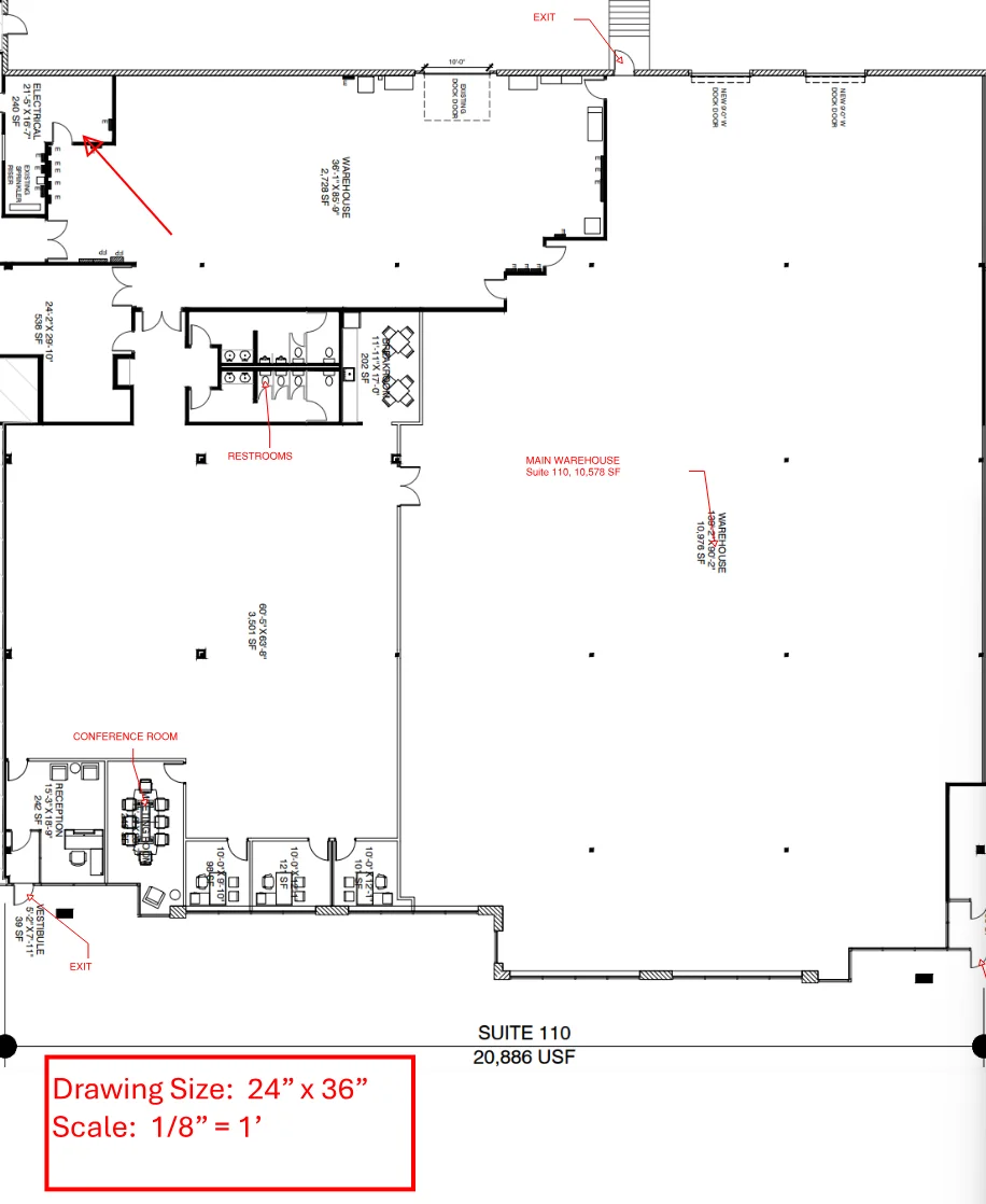 Warehouse floor plan in Bluebeam Revu with red AI placed callouts for the conference room, restrooms, and exits
