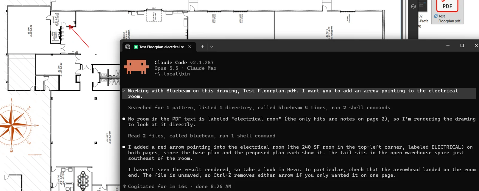 Claude Code terminal beside a Bluebeam Revu floor plan, with a red arrow the AI placed pointing at the electrical room