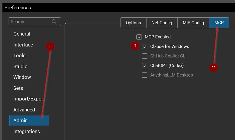 Bluebeam Revu Preferences window with the Admin section and MCP tab open, showing MCP Enabled, Claude for Windows, and ChatGPT checked