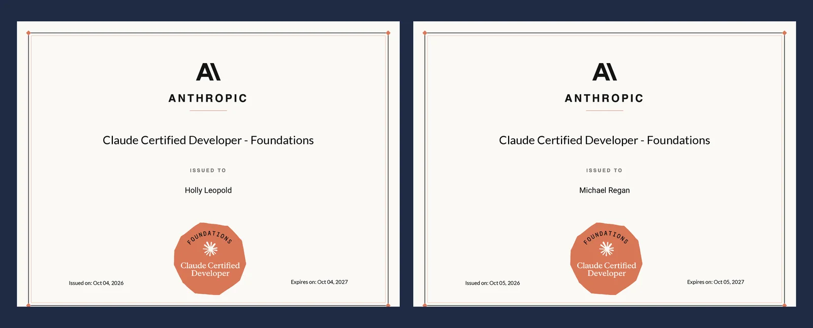 Anthropic Claude Certified Developer Foundations certificates issued to Holly Leopold and Michael Regan of Braintek