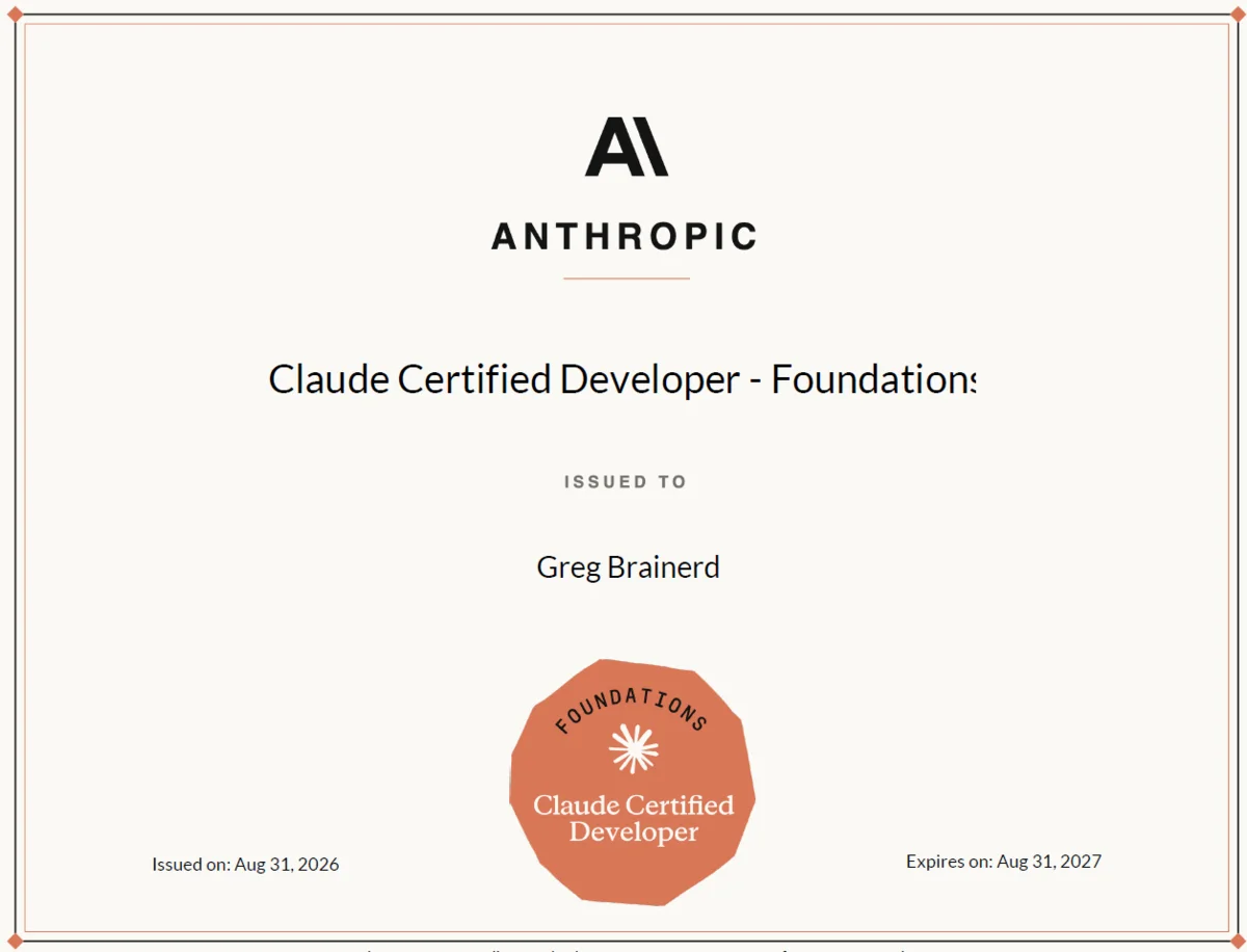 Anthropic Claude Certified Developer Foundations certificate issued to Greg Brainerd