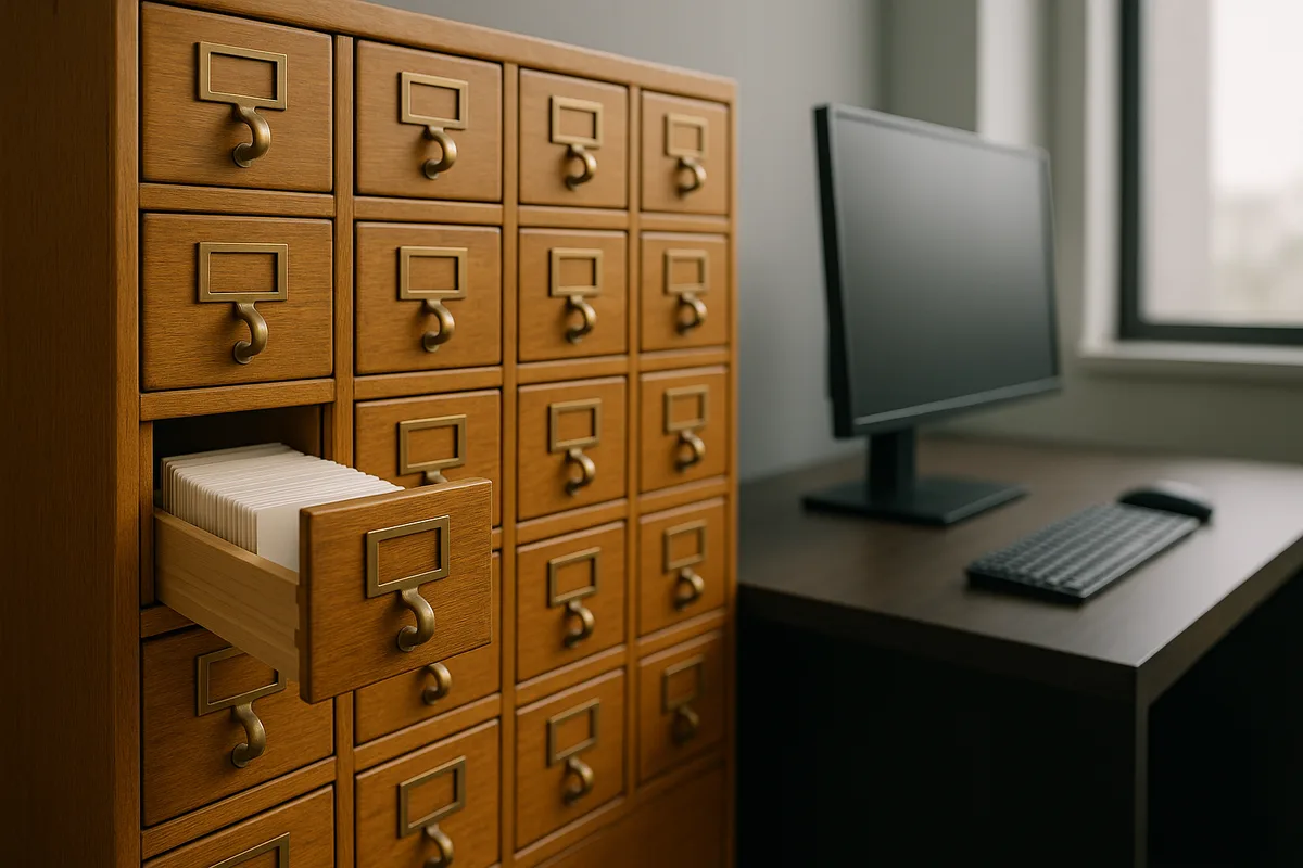 A vintage library card catalog beside a modern workstation, one drawer of neatly organized index cards open