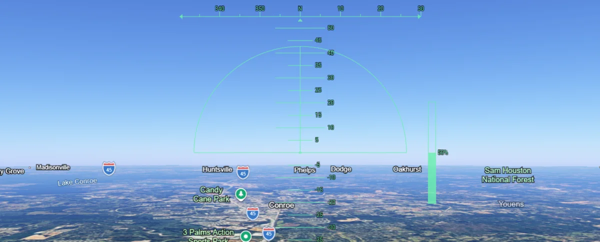Google Earth flight simulator heads-up display flying north toward Conroe and Huntsville, Texas along Interstate 45