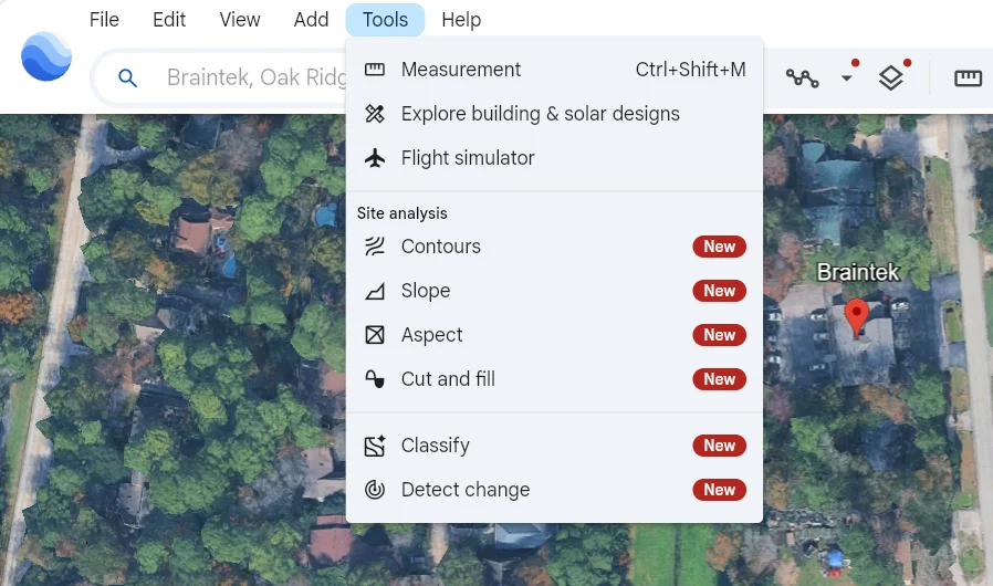 The Google Earth Tools menu showing Measurement, Flight simulator, and the new Site analysis tools