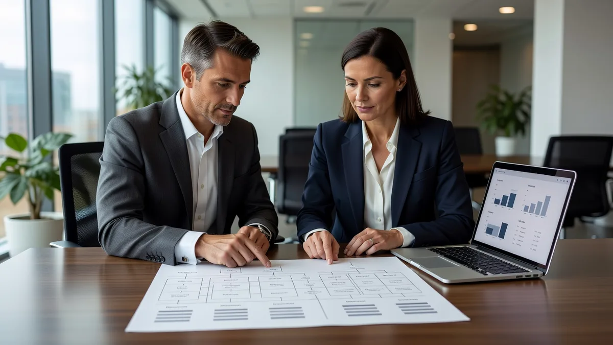 Two IT professionals reviewing a responsibility matrix document together at a conference table