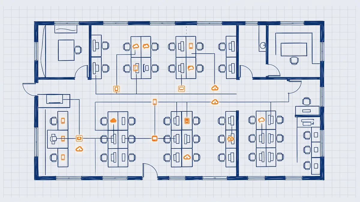 Illustration of unsanctioned AI tools running unseen across a Houston office network