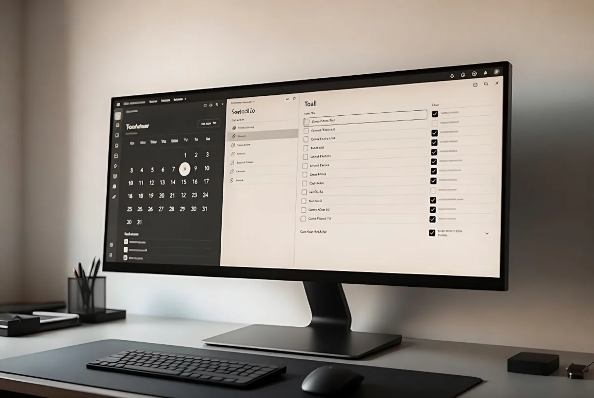 A calendar and task list on a monitor
