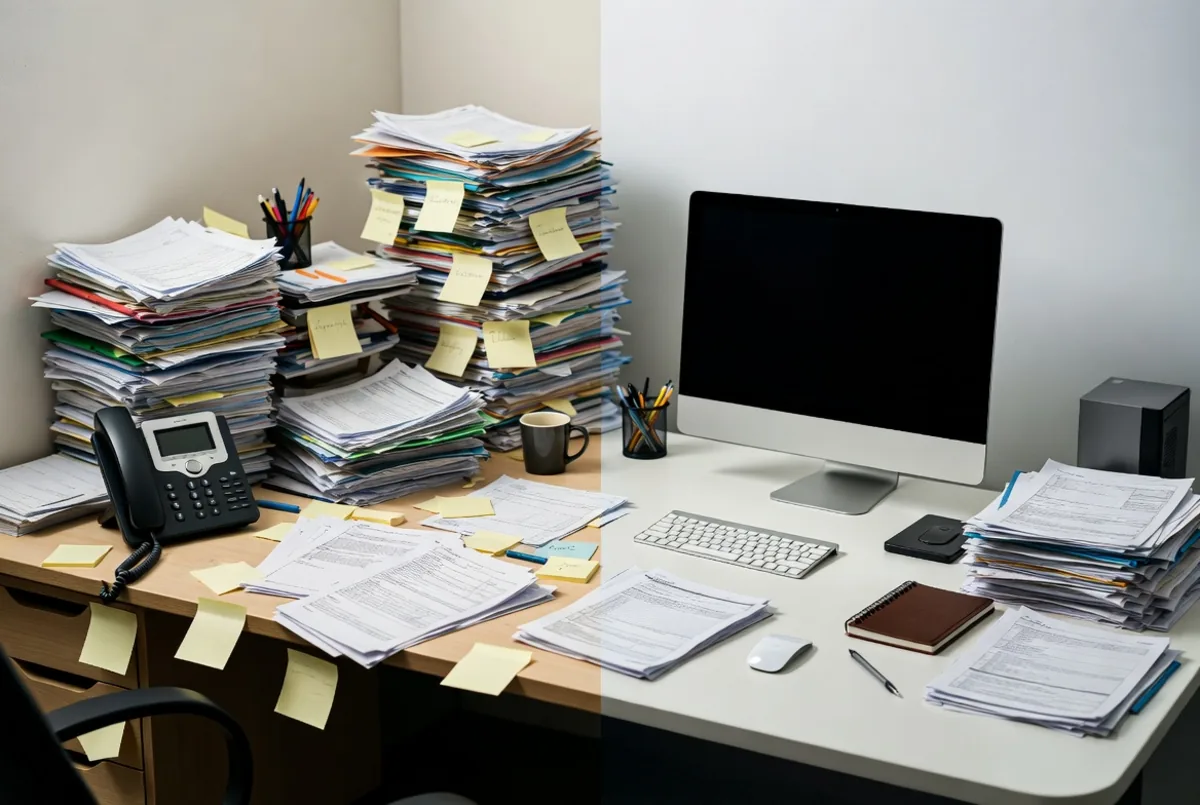 A cluttered desk beside an organized one
