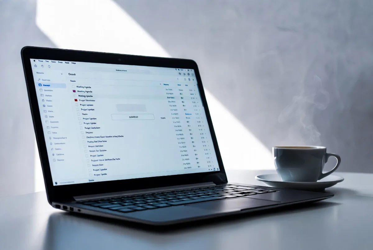 An email inbox on a laptop next to a coffee cup