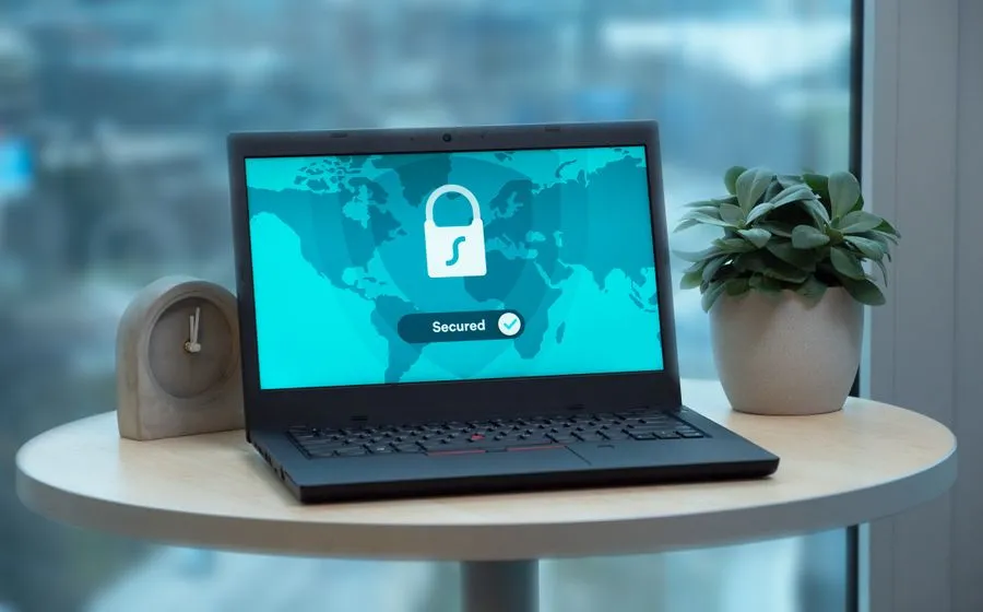 A laptop showing a security padlock
