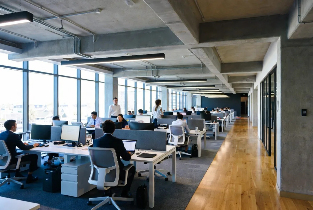 A modern office with people working