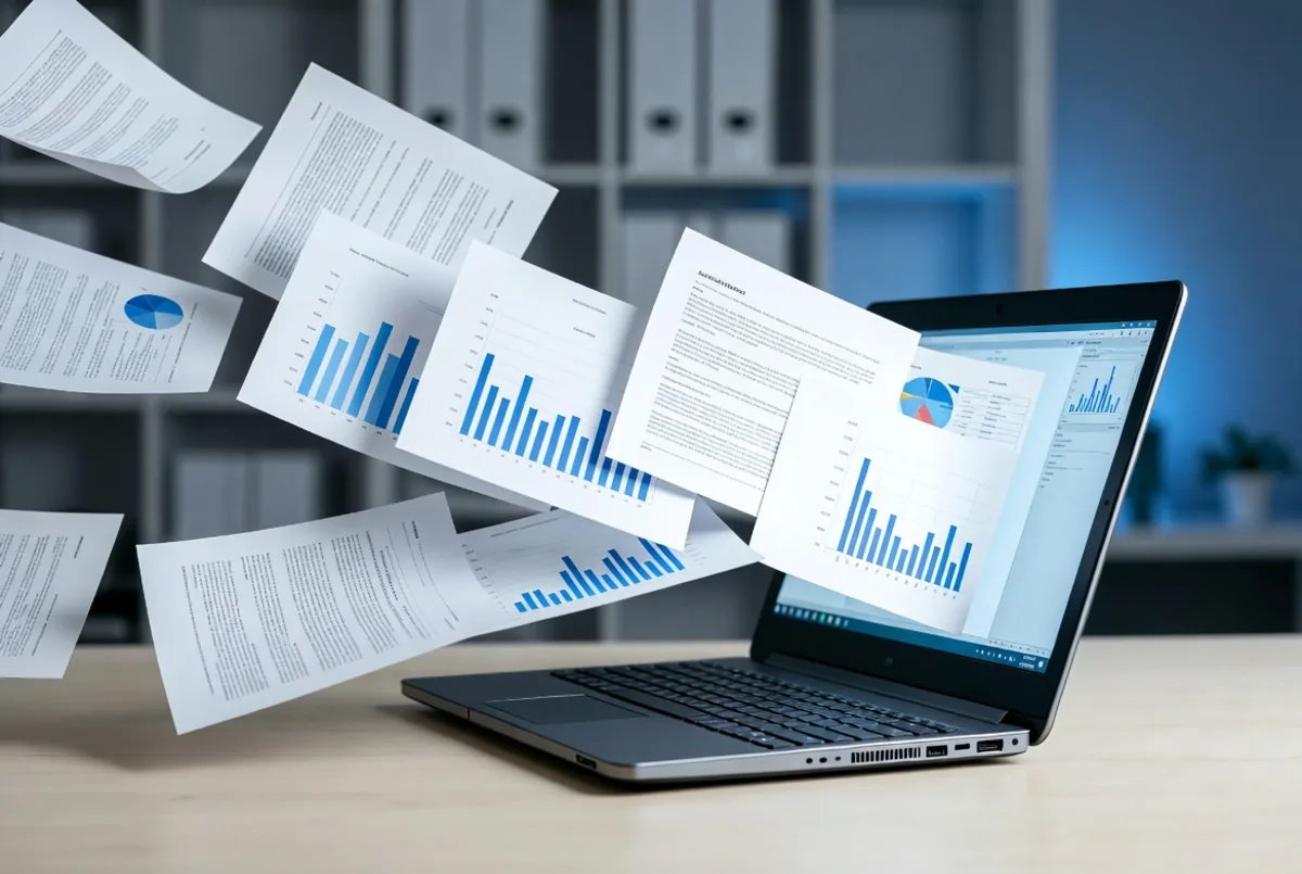 Documents flowing into a laptop — going paperless