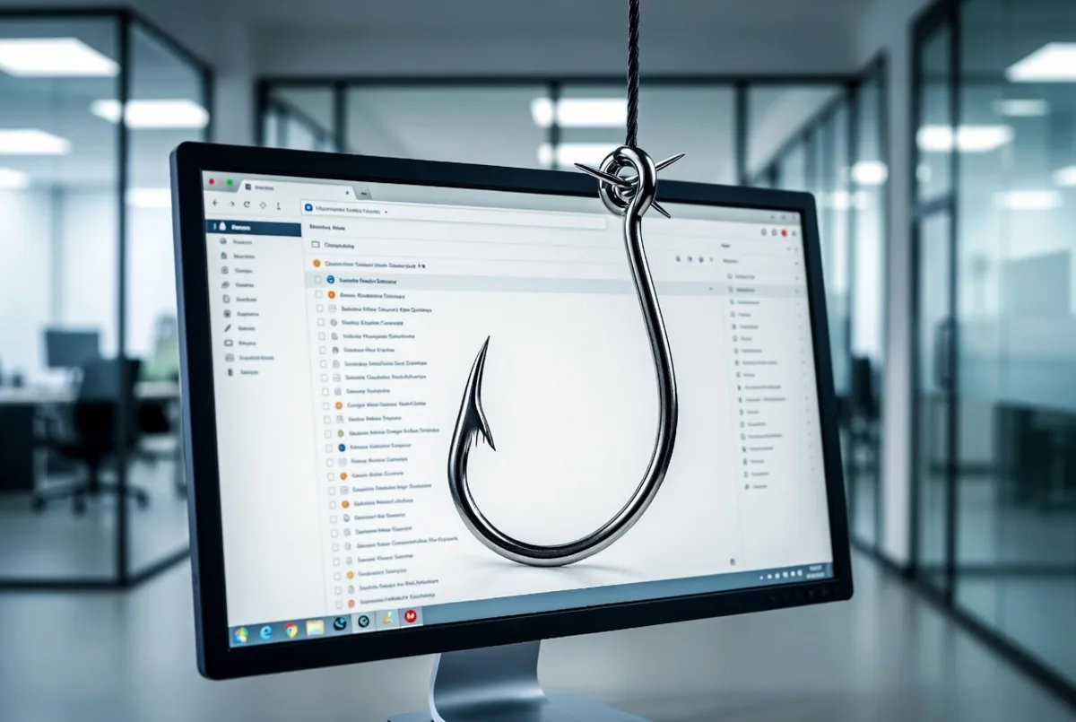 A fishing hook over an email inbox — phishing concept