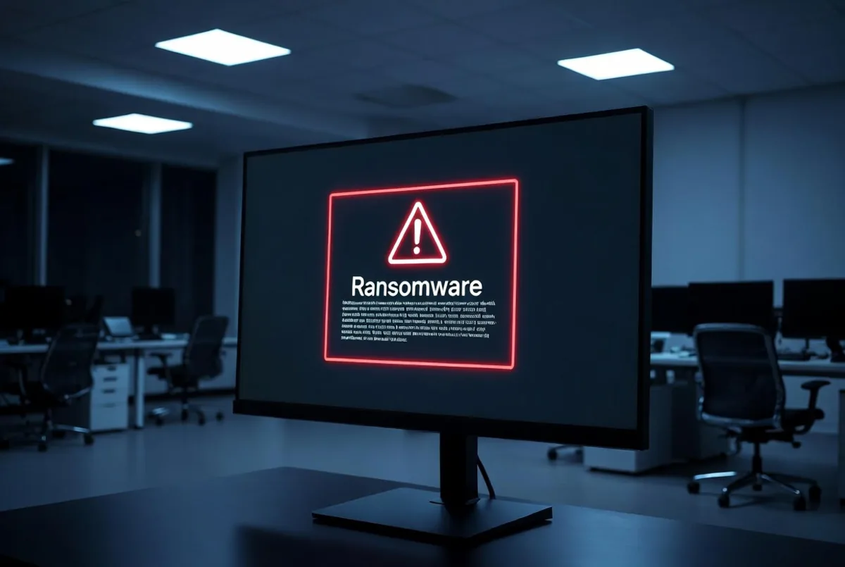 A ransomware warning on an office monitor