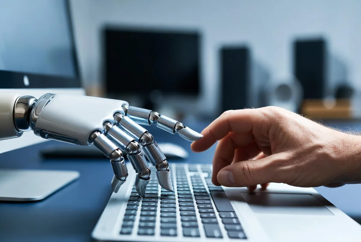 A robotic hand and a human hand at a keyboard