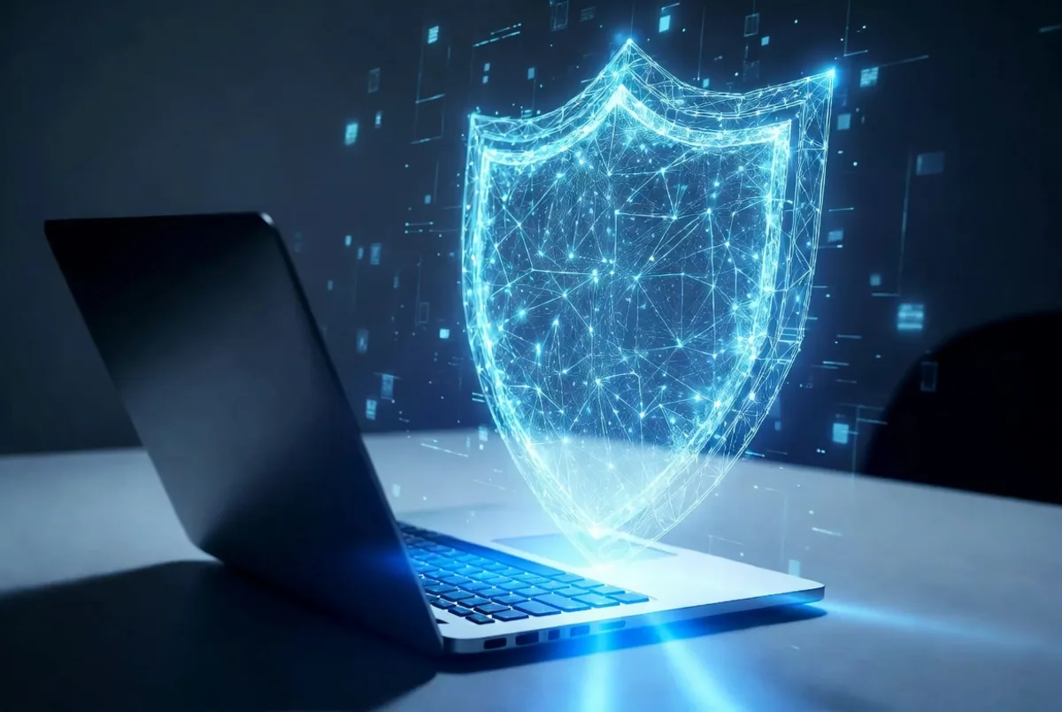 A digital shield hologram over a laptop