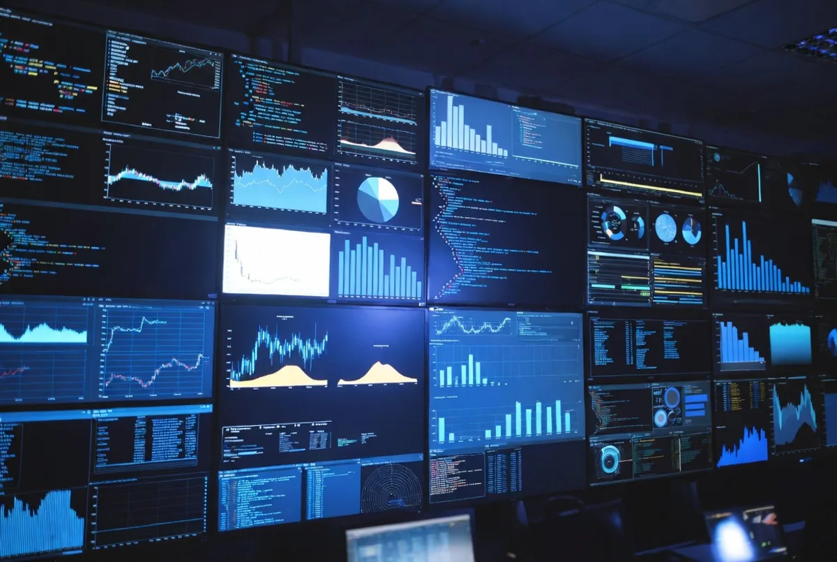 A security operations center wall of monitors