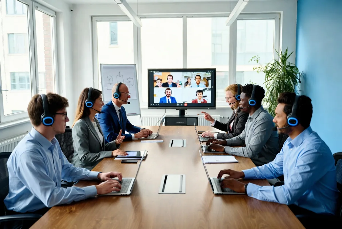 A team on a video call in a conference room