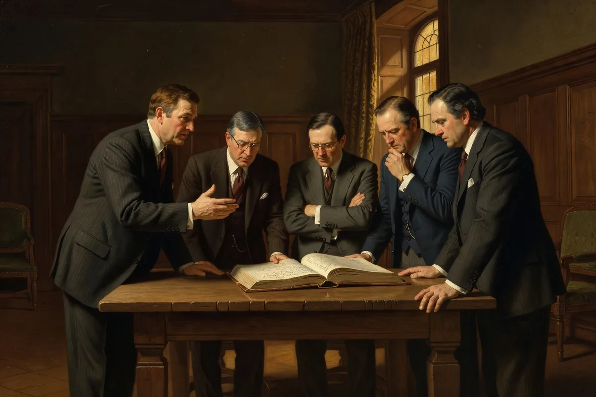 Renaissance-style painting of a leadership team gathered around a table in discussion