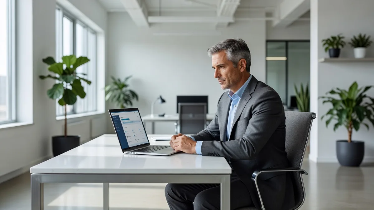 Business owner reviewing a cloud backup dashboard on a laptop at their desk