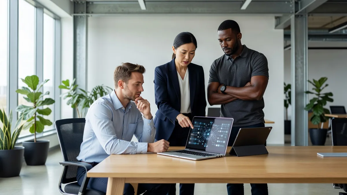 Small business team reviewing an AI workflow together on a laptop