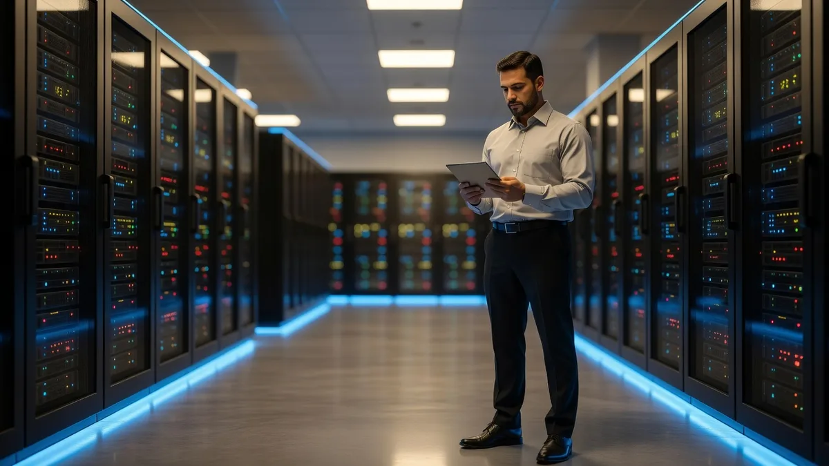IT technician reviewing a backup restore on a tablet in a data center aisle