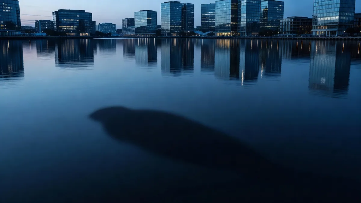 A murky lake surface with something large and unseen moving just beneath it, representing hidden business cyber risk