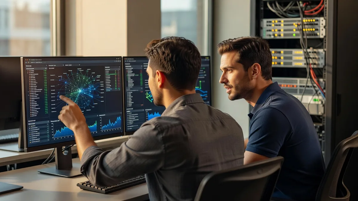 Two IT professionals collaborating at a workstation, reviewing a network dashboard together