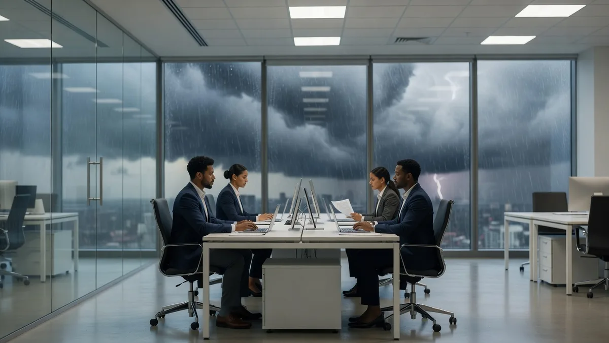 Office team working calmly at their desks while a storm approaches outside the windows