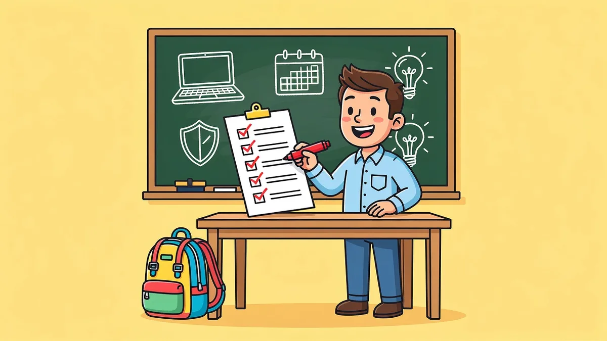 Cartoon illustration of a business owner at a desk with a checklist on a chalkboard behind them