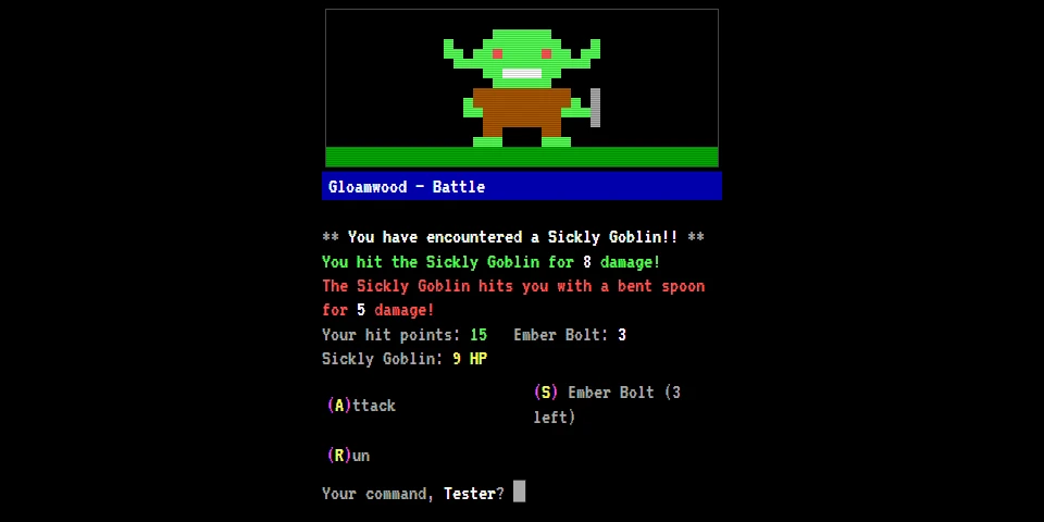A battle in the Gloamwood: a pixel-art goblin above the combat log, with Attack, Ember Bolt, and Run options