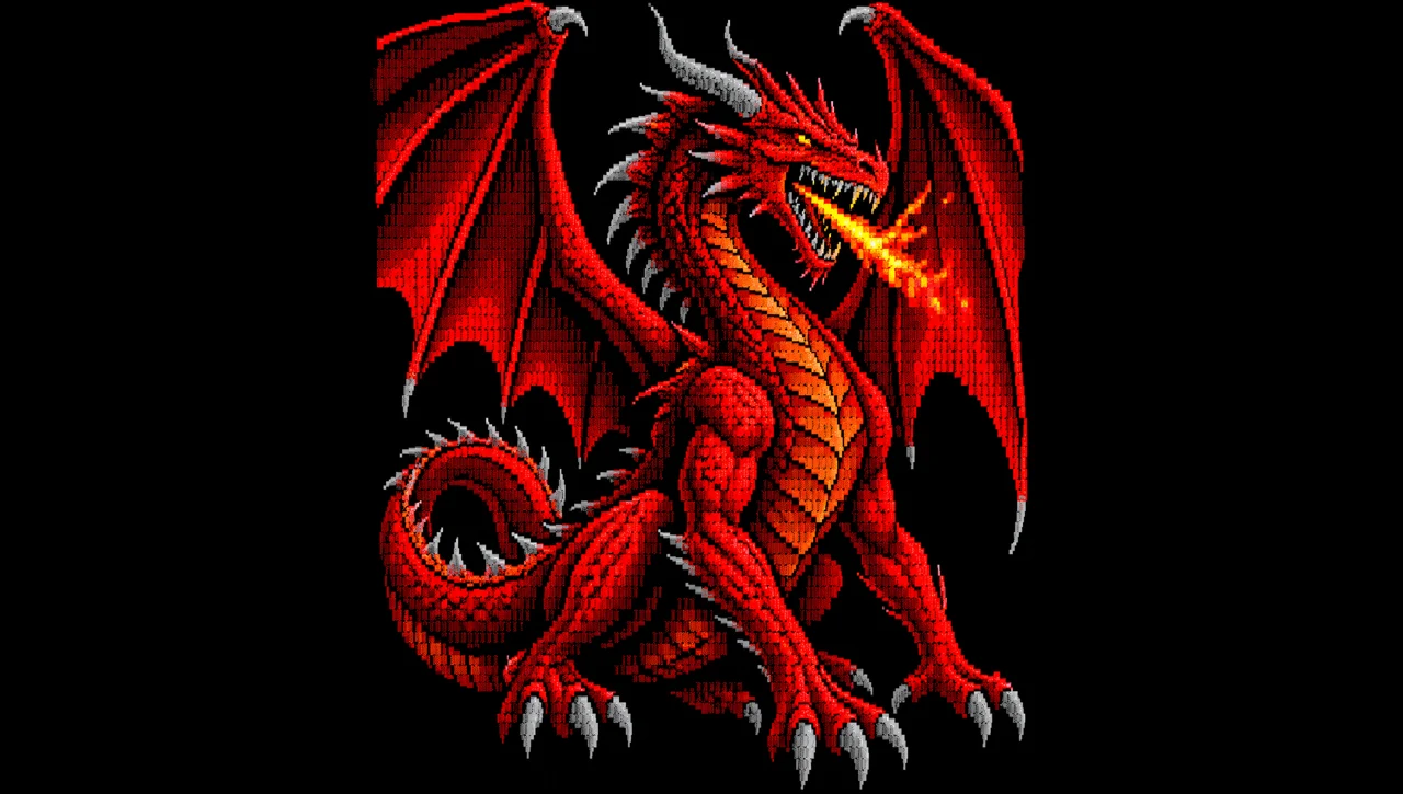 A red dragon with spread wings breathing fire, drawn in a blocky 16-color ANSI art style on a black background