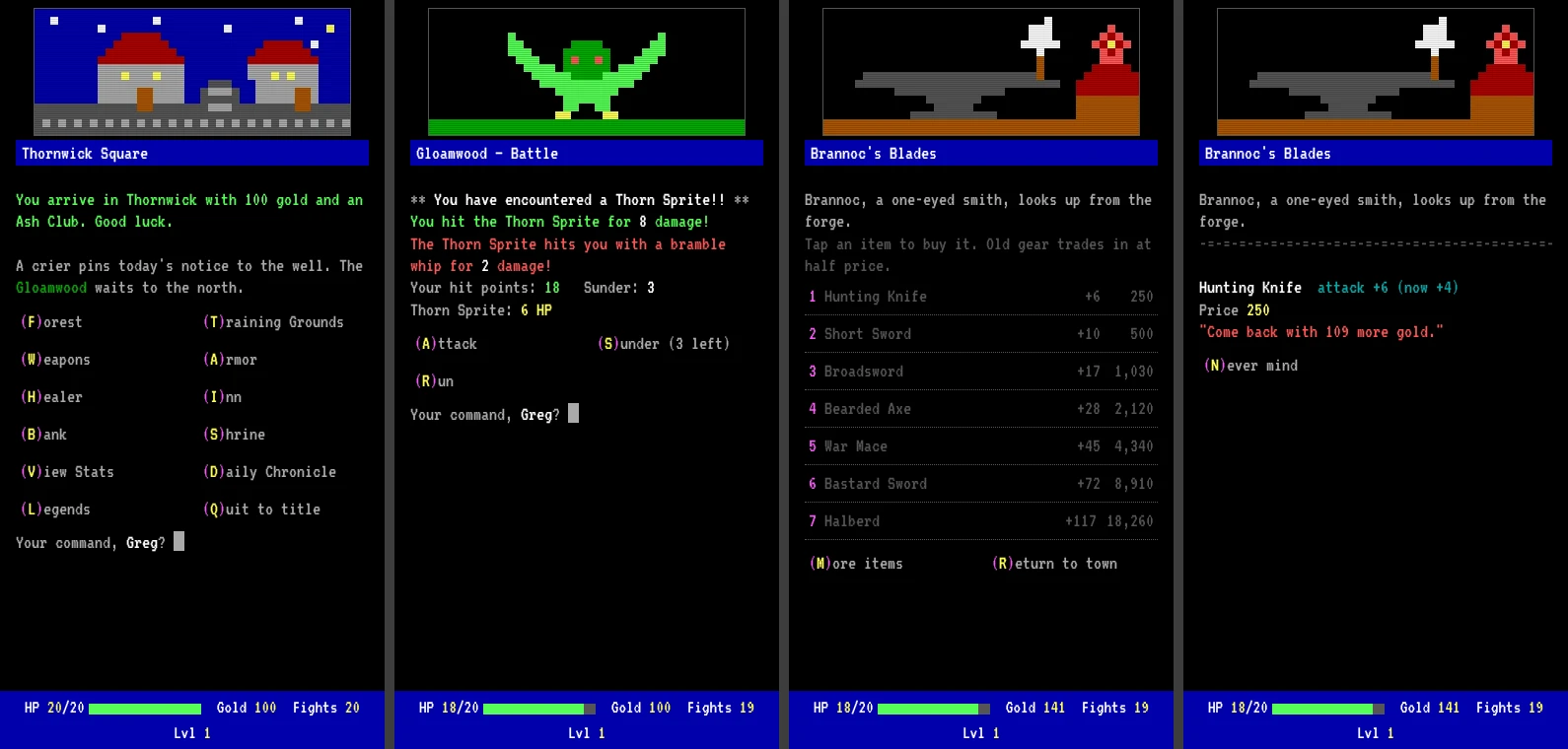 Four Ember Wyrm screens: Thornwick Square, a forest battle, and Brannoc's Blades weapon shop before and after choosing an item