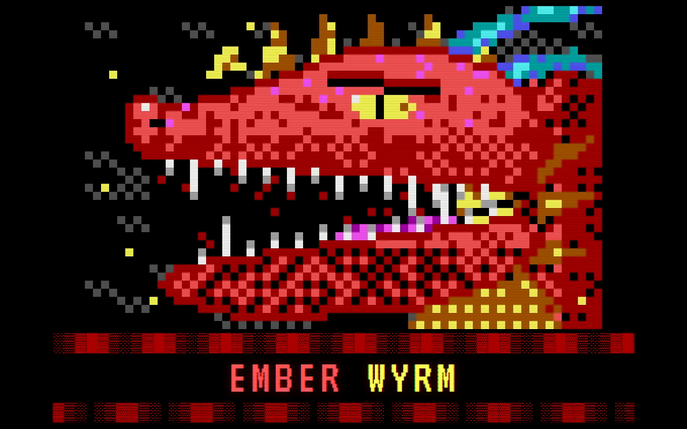 The Ember Wyrm title screen: an original pixel-art dragon head drawn by Claude in the 16-color palette, above the game title