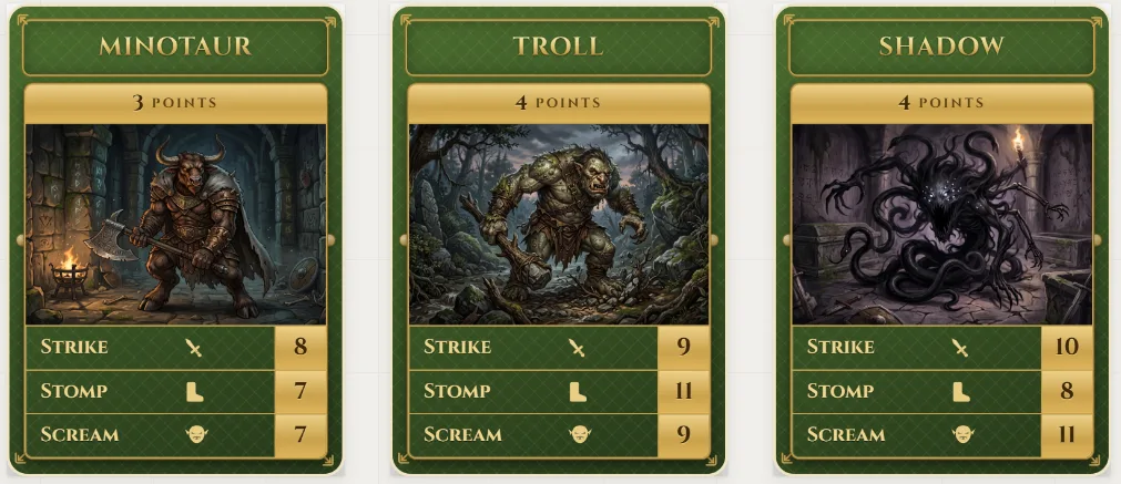 Finished monster cards as a matched set
