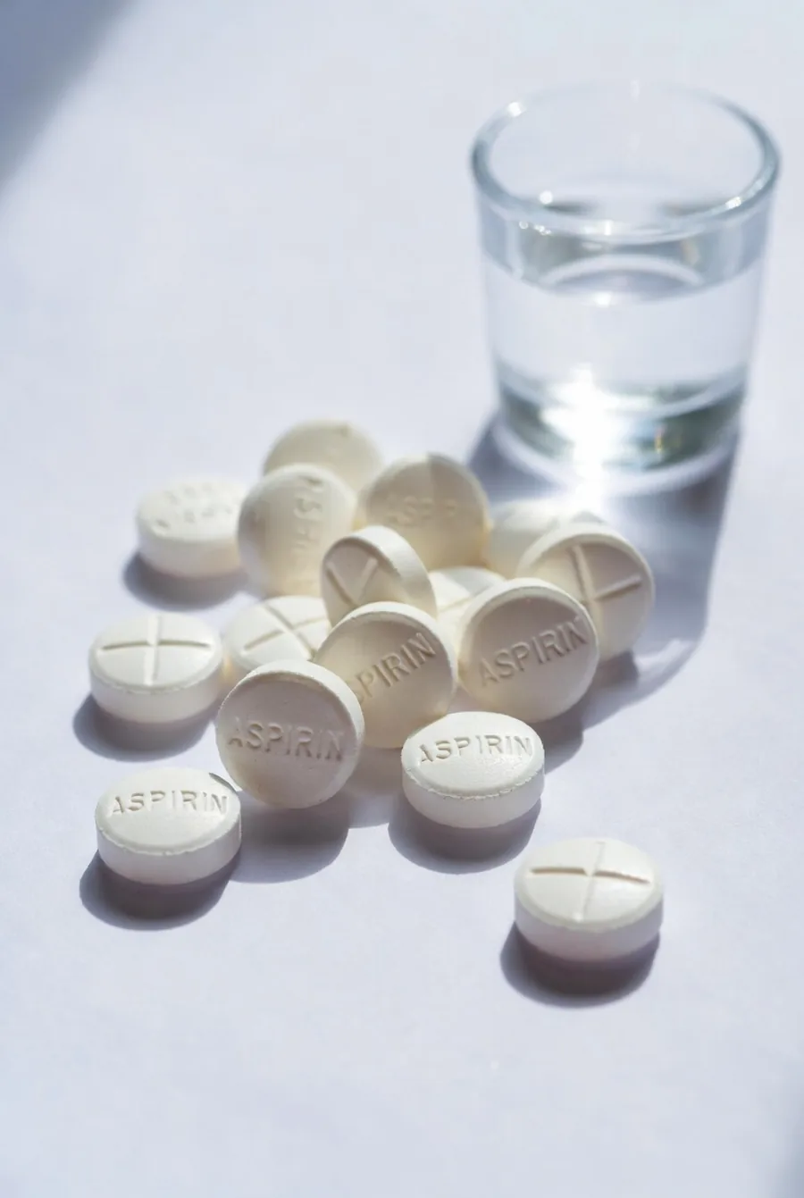 Aspirin tablets spilled next to a glass of water