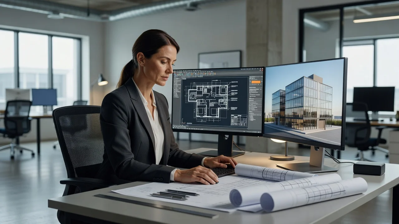 An architect working at a dual-monitor CAD workstation with blueprints on the desk