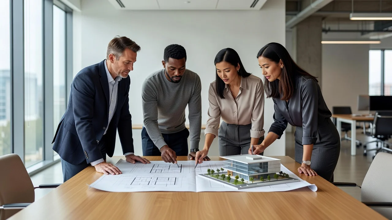 A small team of architects and engineers reviewing a blueprint and building model together