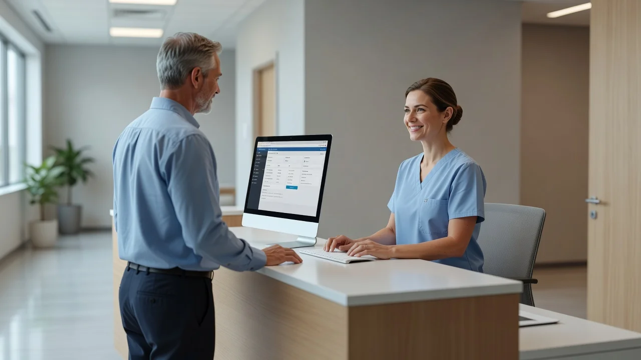 A medical receptionist checking in a patient at the front desk of a small doctor's office